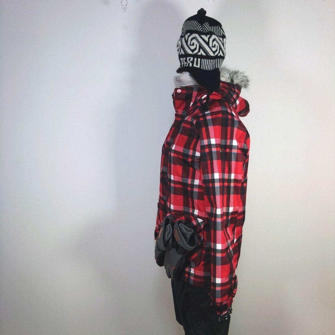 レディース　M　スキー　スノーボードウェア　上下セット　レッド　チェック柄　黒