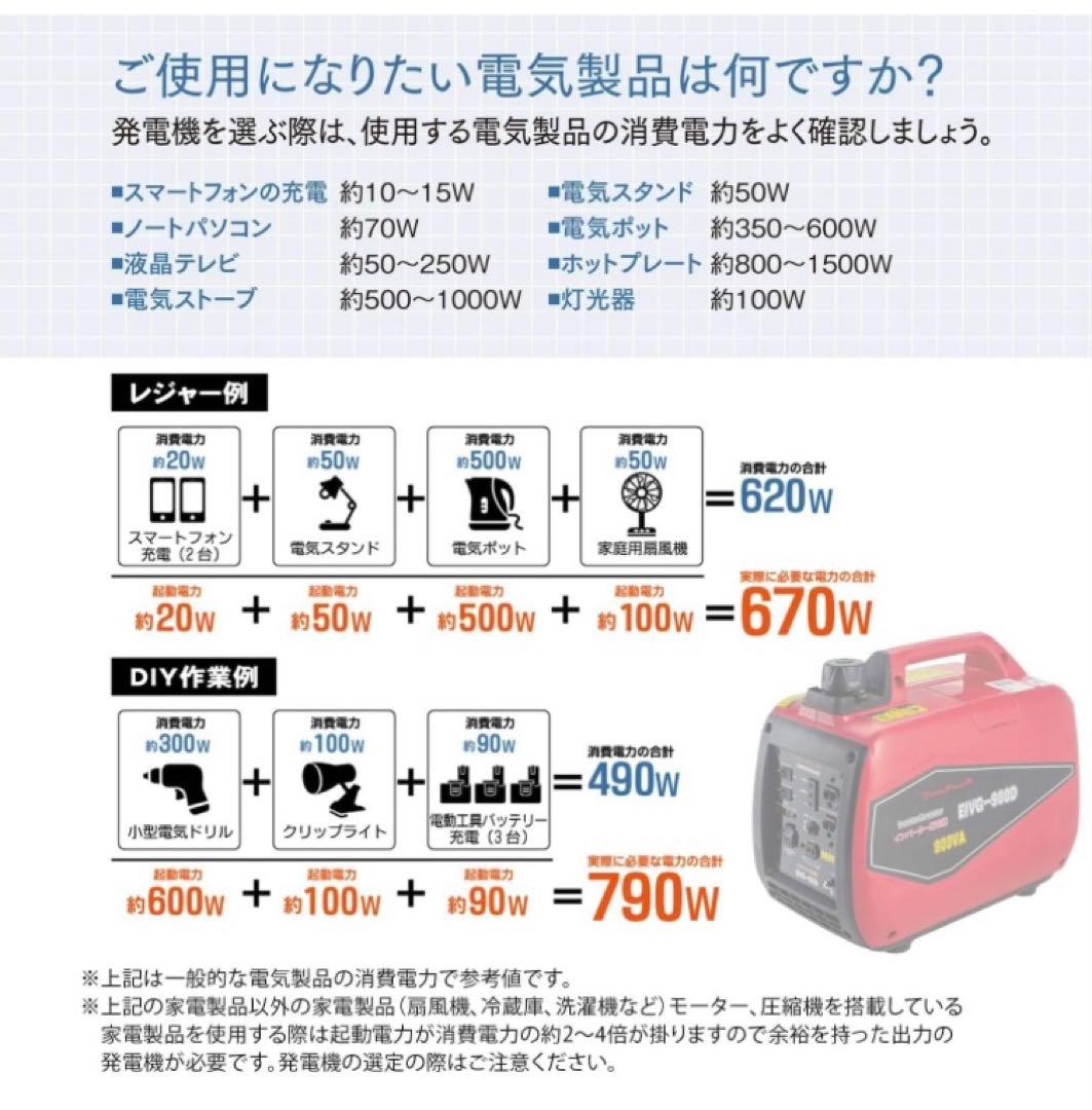 インバーター発電機 定格出力0.9kVA 正弦波 50Hz/EIVG-900D
