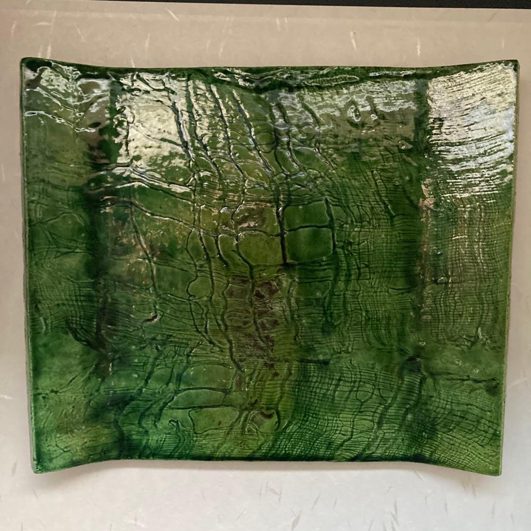 三代中村道年「青釉角皿」　陶歴書　桐箱付き　名古屋八事窯　19×22×2.8cm