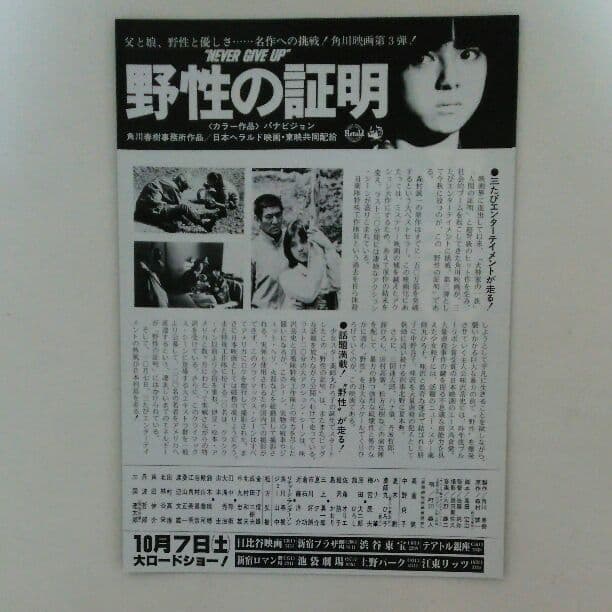 高倉健「野性の証明」Ｂ５サイズチラシ（非売品・新品・当時モノ）①