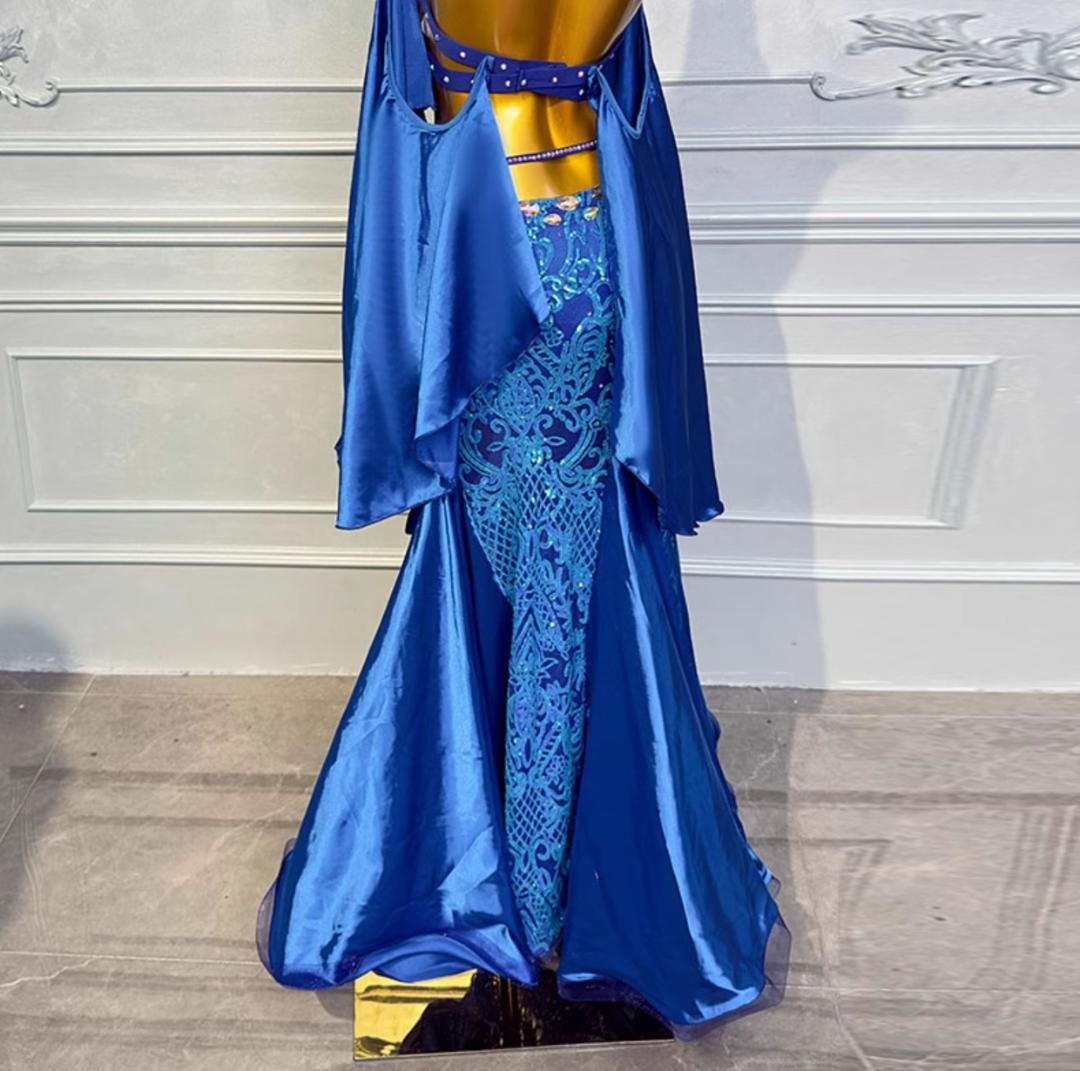 新品未使用 高級ベリーダンス衣装 宝石ブルー魚尾ロングドレス ブラスカートベルト