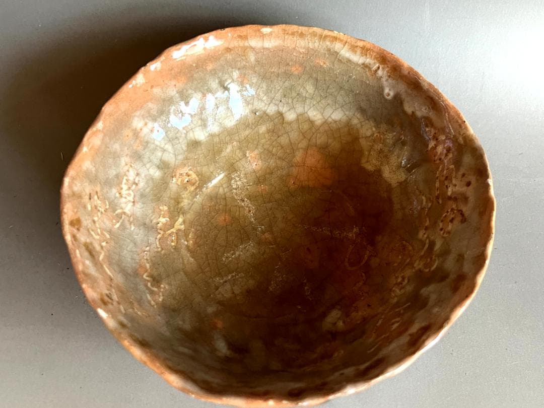 茶碗■古赤楽平茶碗【浪】和歌彫り 風 夏の夕暮れ お茶道具 時代物 骨董品■