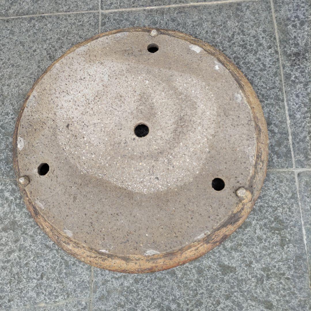 義村秀峰の盆栽鉢、山野草鉢、年代物、常滑焼、丸形皿鉢、和鉢、古鉢、民芸工芸士