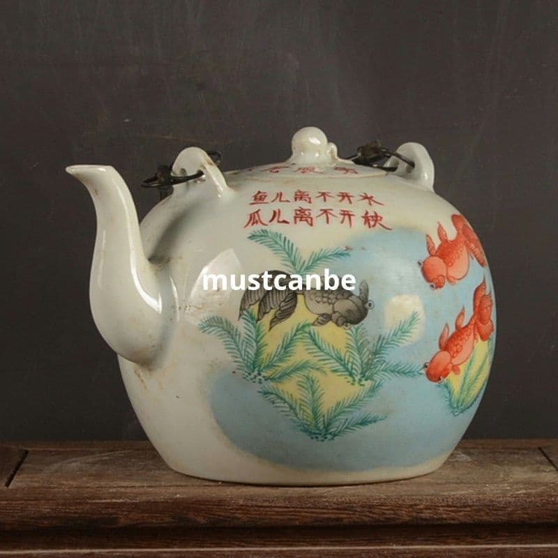 景徳鎮 陶磁器 手描きパステル魚提梁湖 茶壺 煎茶器 装飾品 現代工芸品 置物