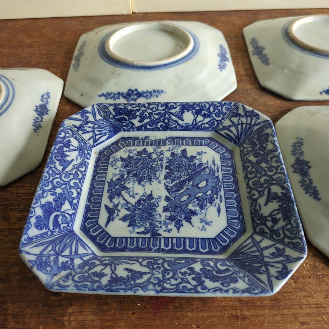 WHITE　骨董　角皿　伊万里　印判　花　7枚