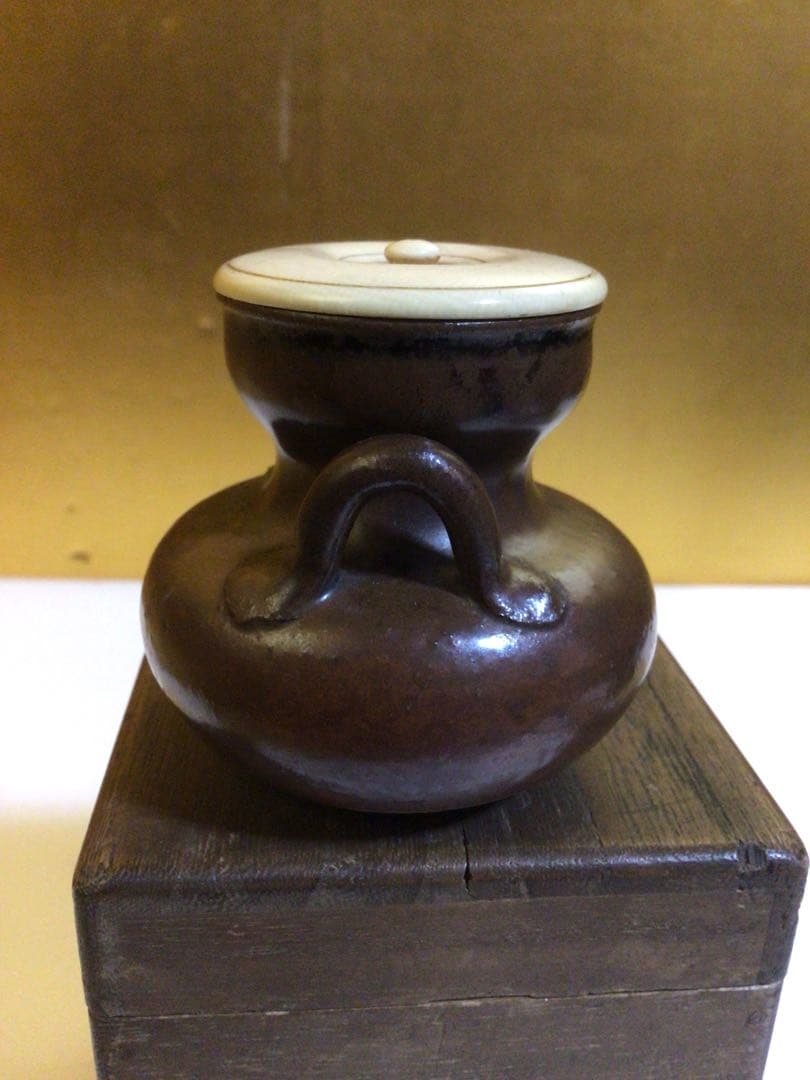 茶道具 耳付き茶入れ 時代合わせ木箱付き