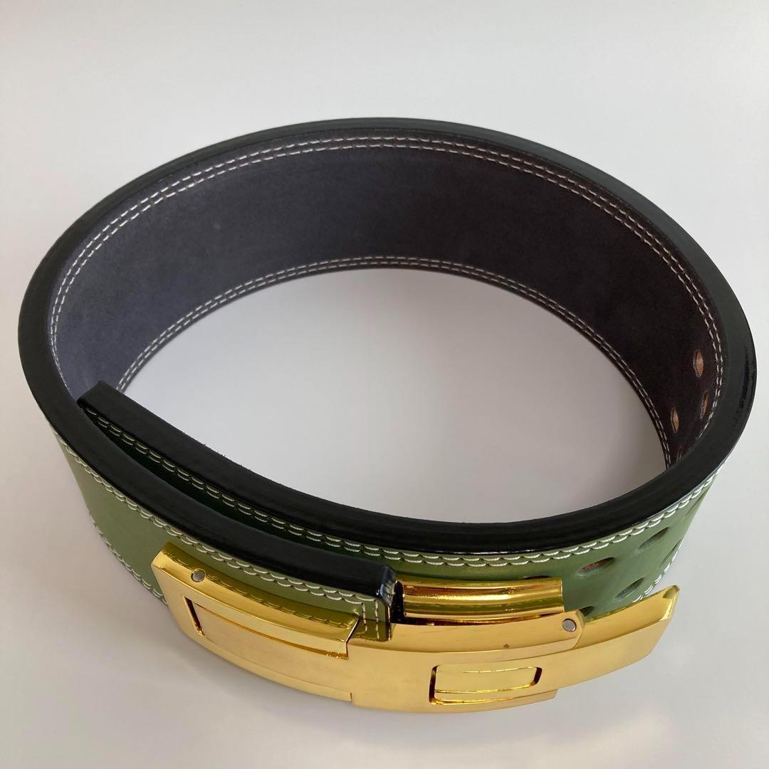 パワーベルト Sサイズ ワンタッチ可変式 本革100％ 緑×ゴールド レバー