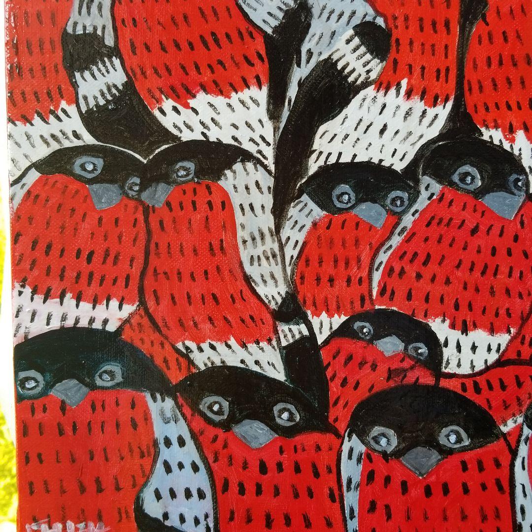 油絵　あらんぼん　仲良く集まるくちばしの小さな鳥たち　密は楽し