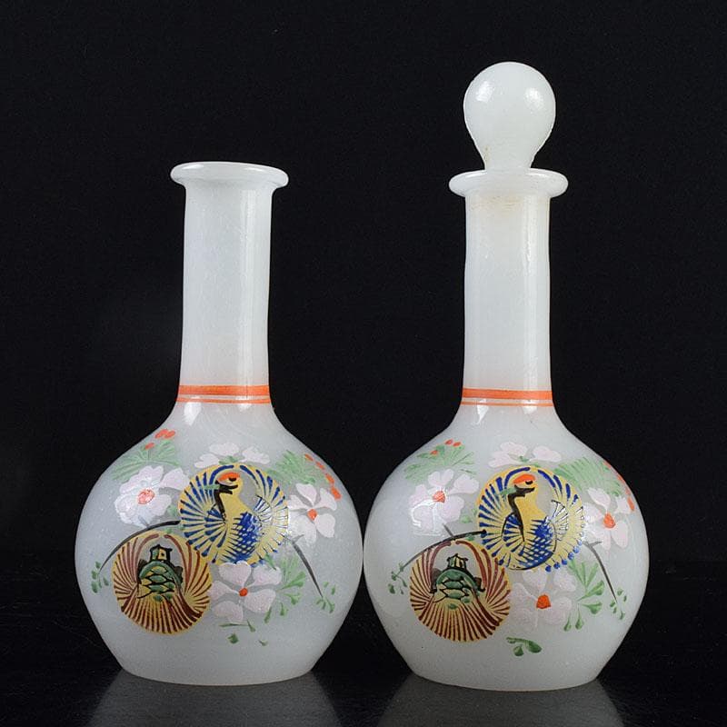 ガラス工芸　鶴亀図　雛徳利　一對　時代箱　縁起物　V　R8928