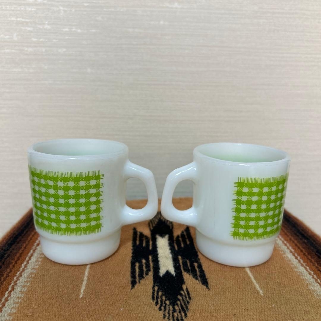 ファイヤーキング　緑のチェックマグカップ 2個セット　ミッドセンチュリー