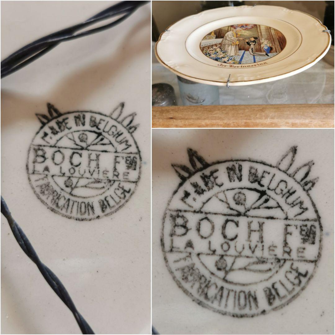 アンティーク ベルギー ボッホ 少年の初聖体拝領記念プレート 飾り皿 ワイヤー付