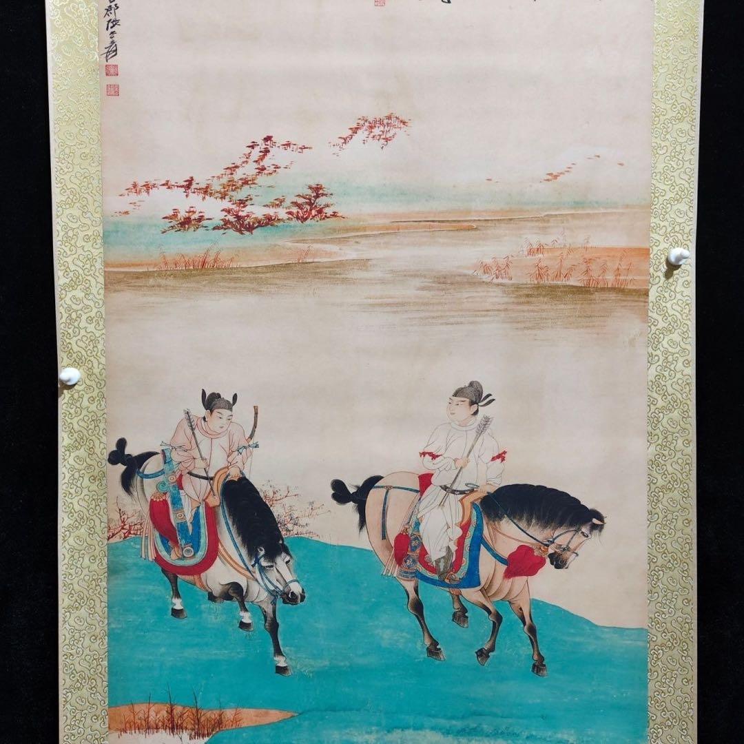 中堂 掛け軸 張大千 騎馬 唐人行猟 人物画 中国画 山水人物