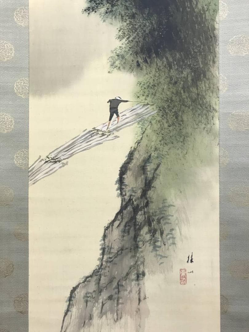 【真作】平井楳仙/嵐峡筏下り図/山水図/嵐山図/掛軸☆宝船☆AD-570