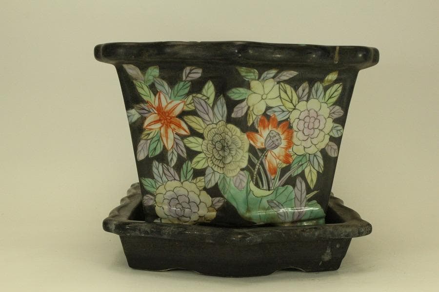 中国美術 色絵 花模様 植木鉢 花盆(ZE494)