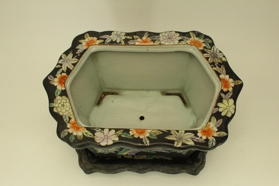 中国美術 色絵 花模様 植木鉢 花盆(ZE494)