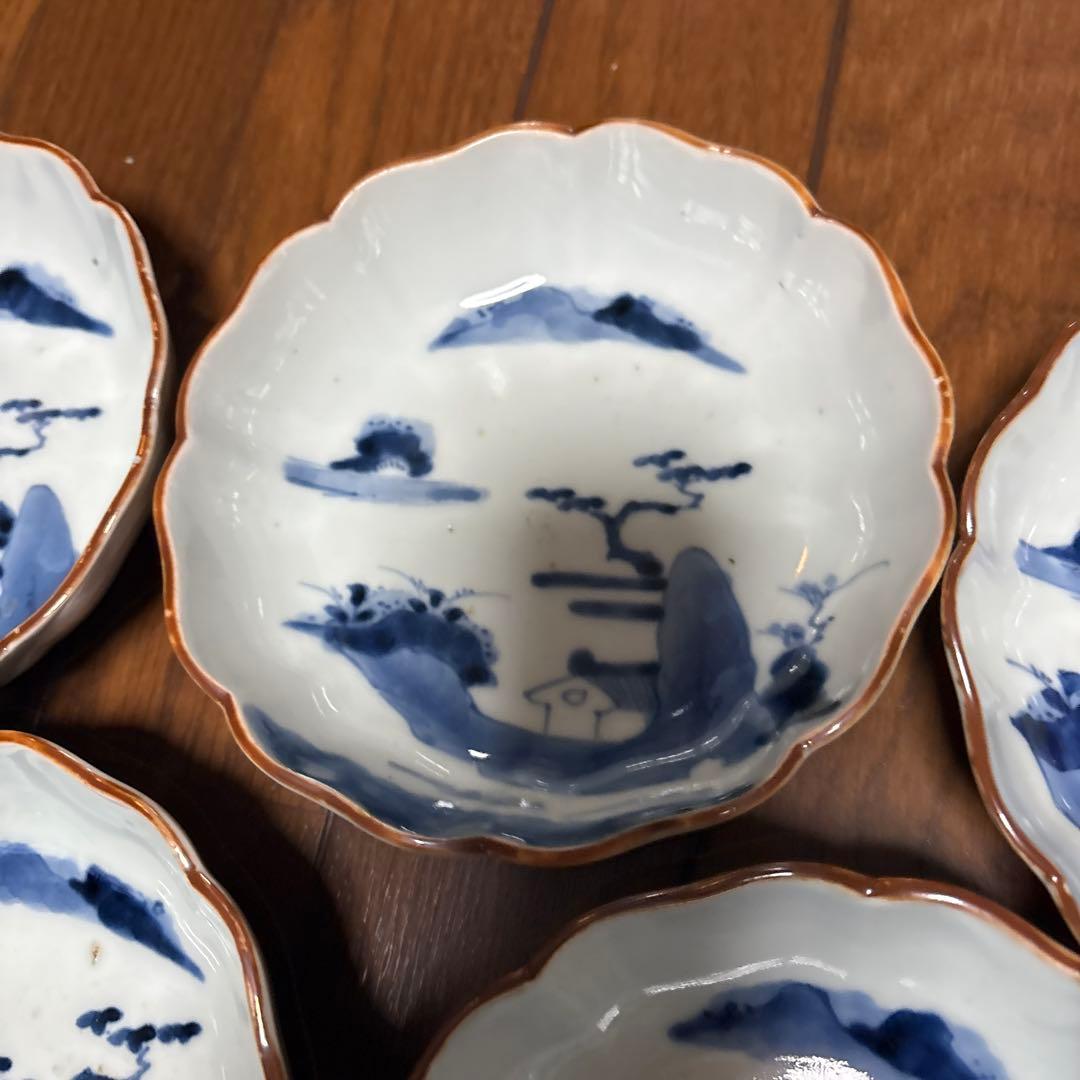 最処古伊万里染付なます皿（鉢）五個セット濃淡の色合い綺麗な山水こだわりの裏印名品