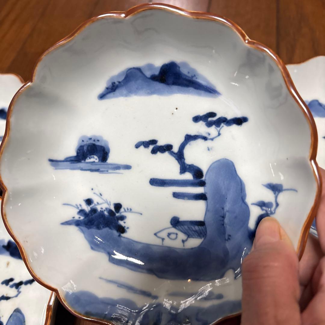 最処古伊万里染付なます皿（鉢）五個セット濃淡の色合い綺麗な山水こだわりの裏印名品