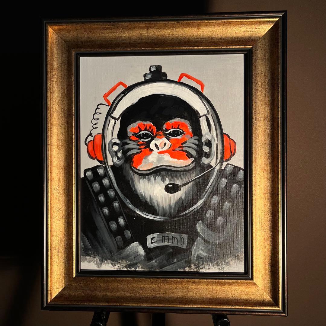 手書き油絵 astronaut monkey絵画 額付き インテリア 油彩画