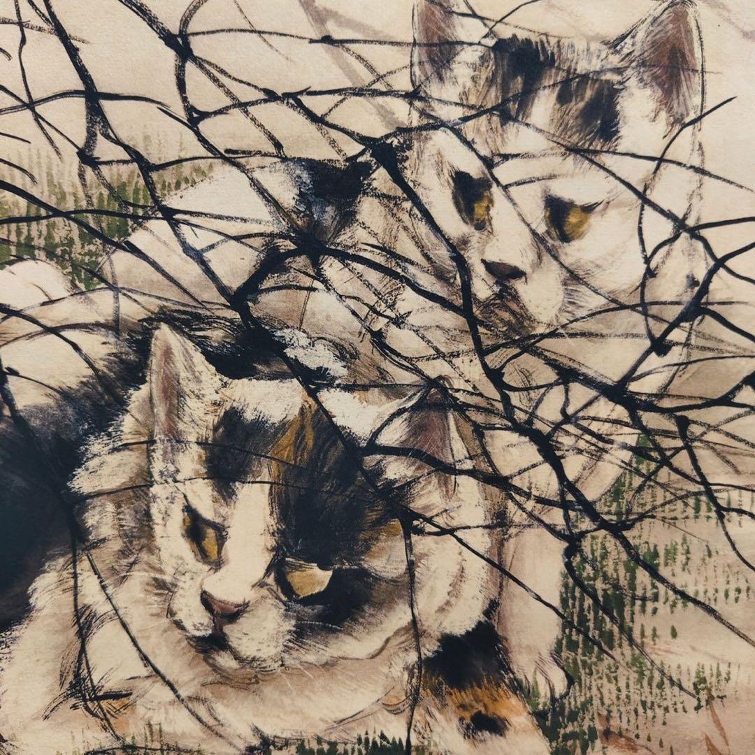 劉奎齢作・猫と魚図 中堂掛軸　宣紙　掛軸仕立て済　180×70cm