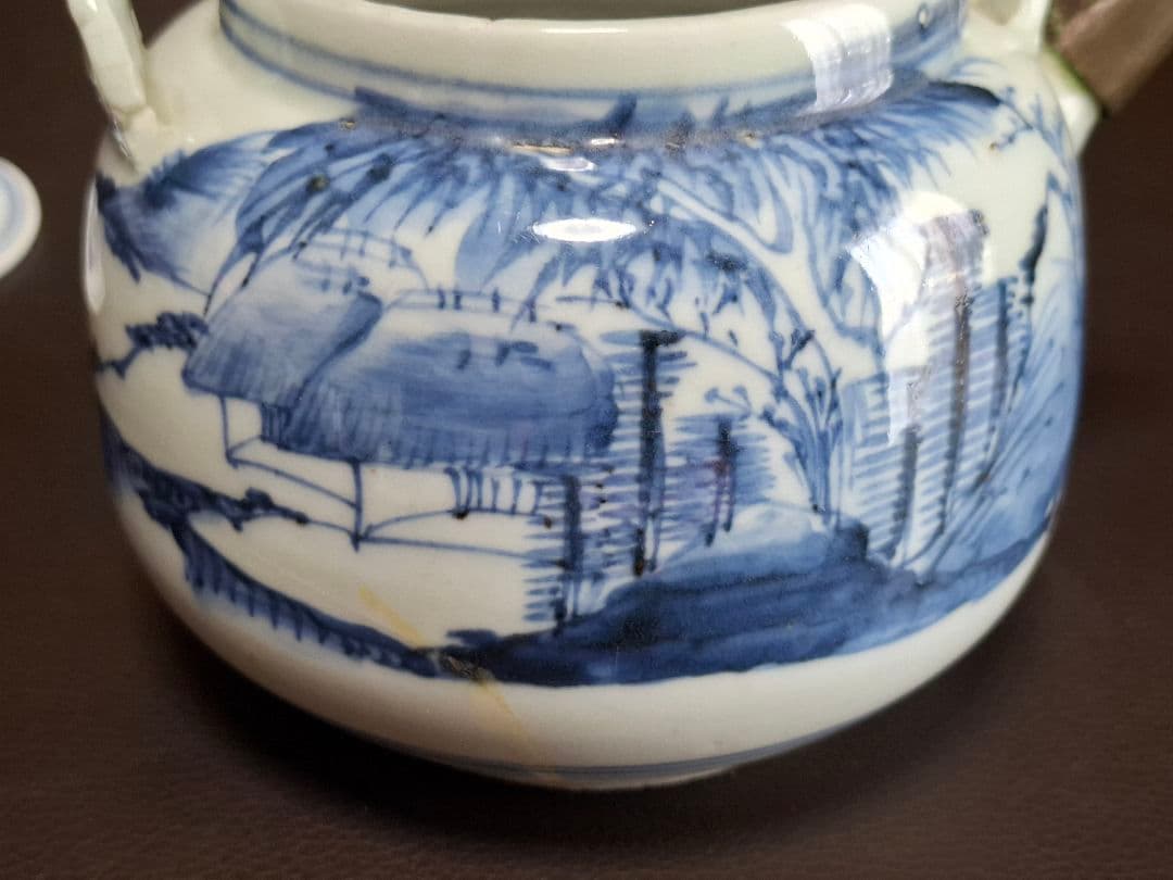 幕末　切込焼　染付山水文急須