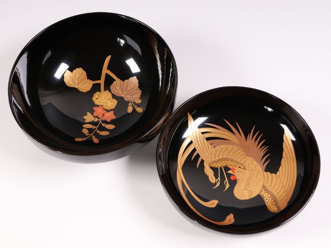 【CM403】天然木漆塗 菊桐鳳凰金蒔絵 黒塗 吸物椀 1客 昭和期 木製漆器