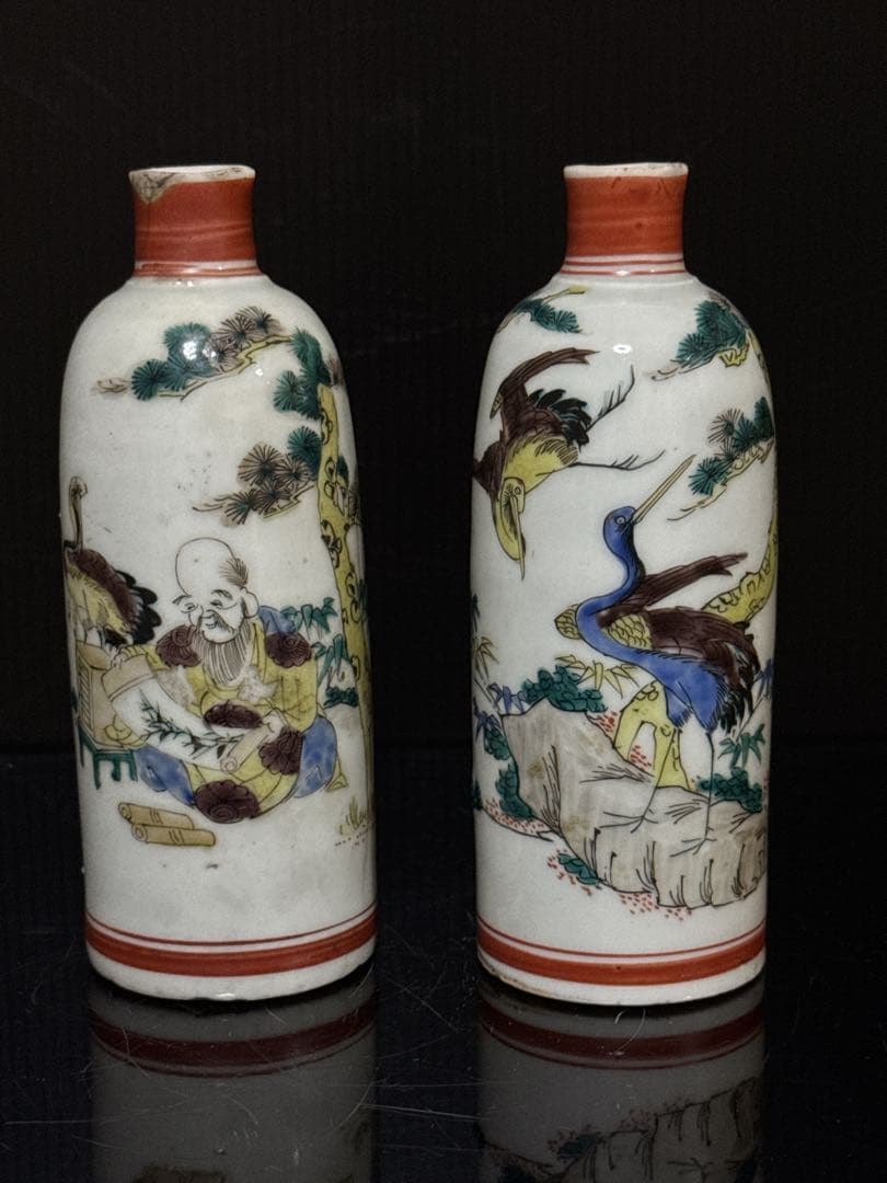 江戸期 湖東焼 彩色寿老人鶴図 徳利 酒器 天保年墨書