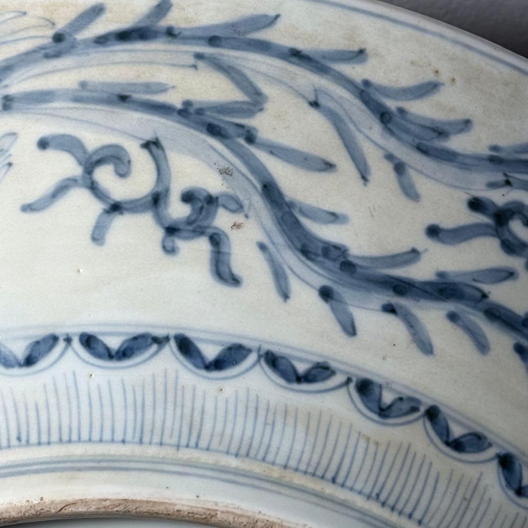 古伊万里　大皿　色絵三方松鶴図大皿　　太明成化年製　裏鳳凰と桐花図