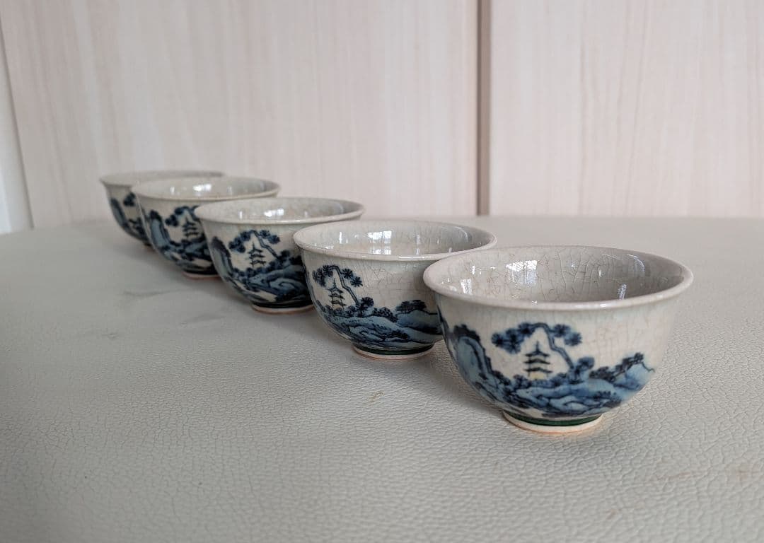 煎茶道具　九谷焼「光仙造」山水文　煎茶碗・宝瓶・湯冷まし　共箱