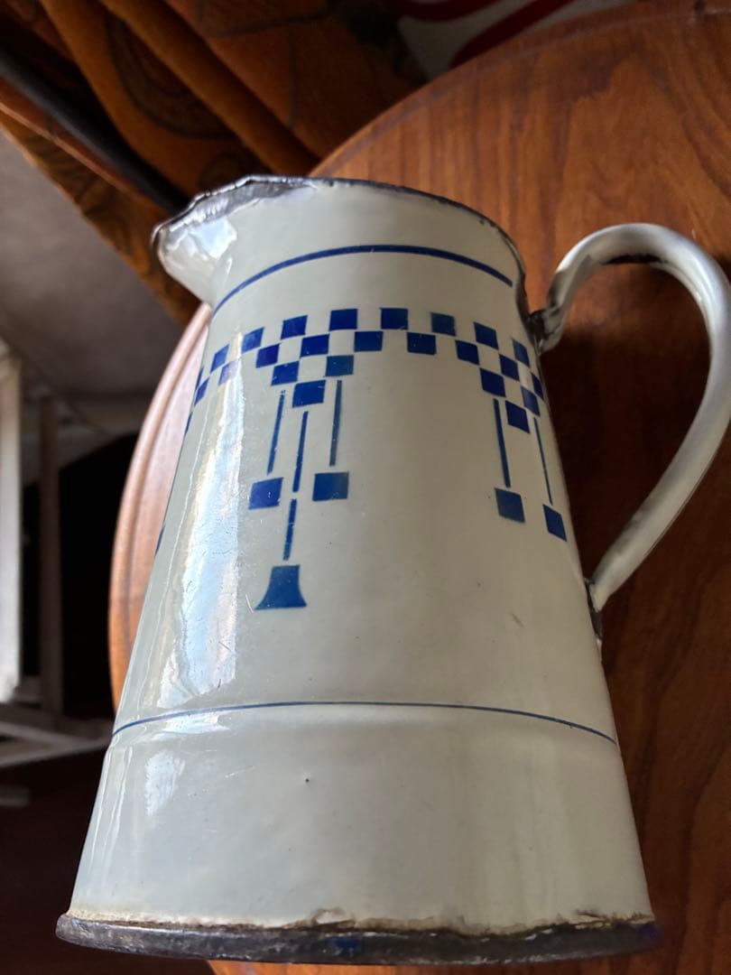 フランス　アンティーク　ホーロー　ジャグ　ピッチャー　水差し　市松　ダミエ