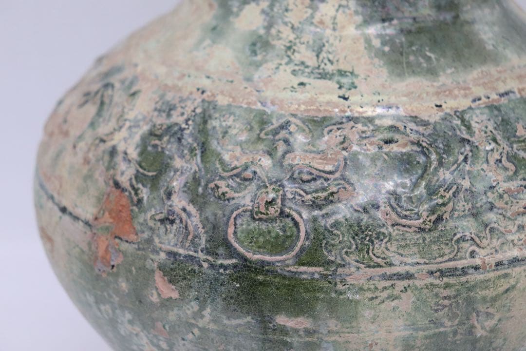 中国　漢時代　緑釉舗首耳大瓶　銀化緑釉　アンティーク　送料込み251014
