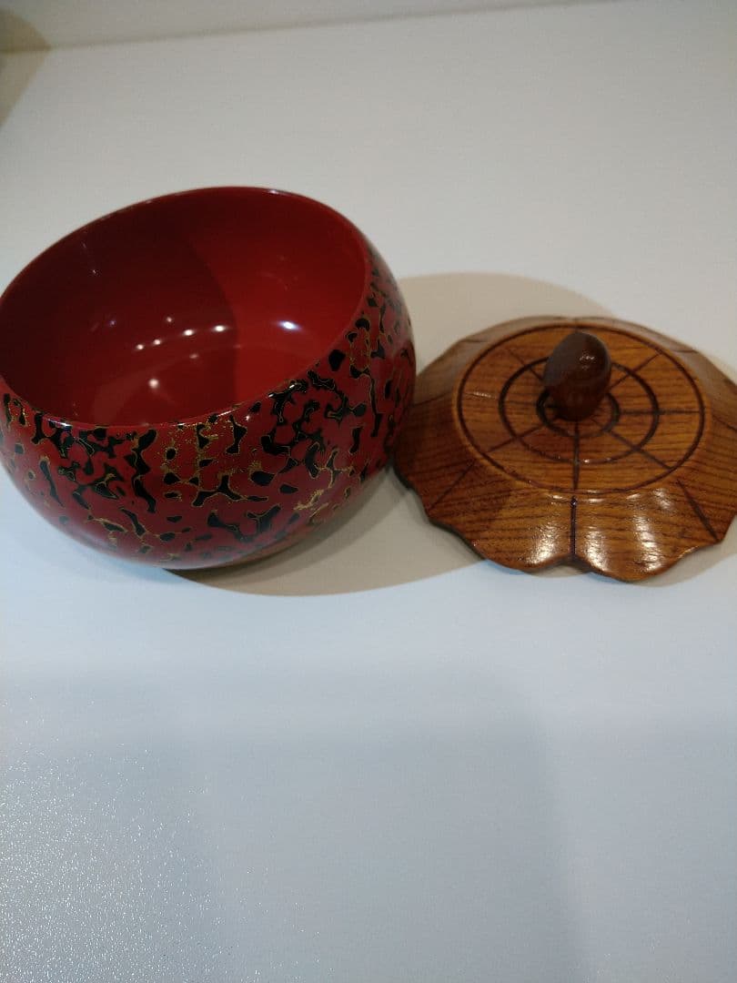 津軽塗　漆器セット 花模様 赤黒　7点