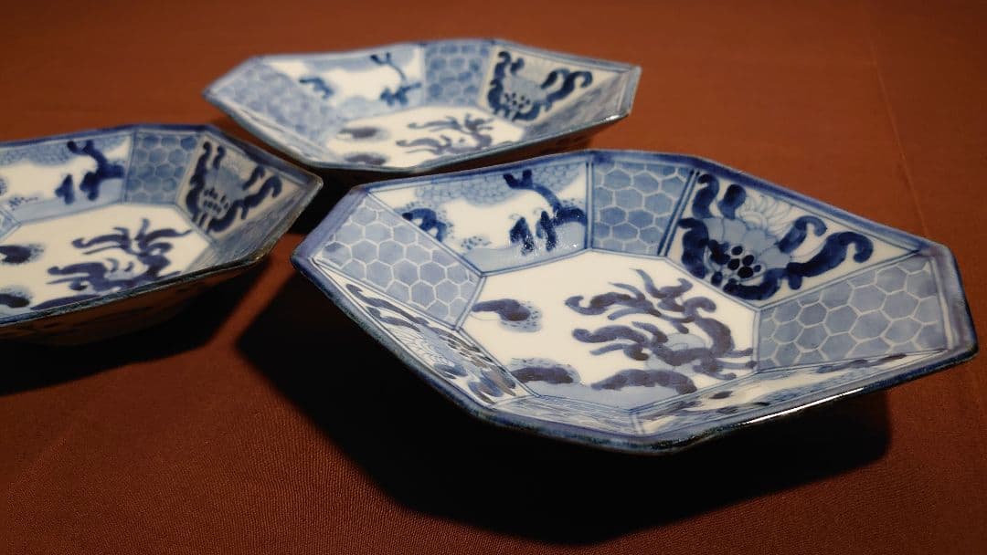 古伊万里　伊万里　江戸期　染付　古染付　蔵出し　アンティーク伊万里　葉皿　3客