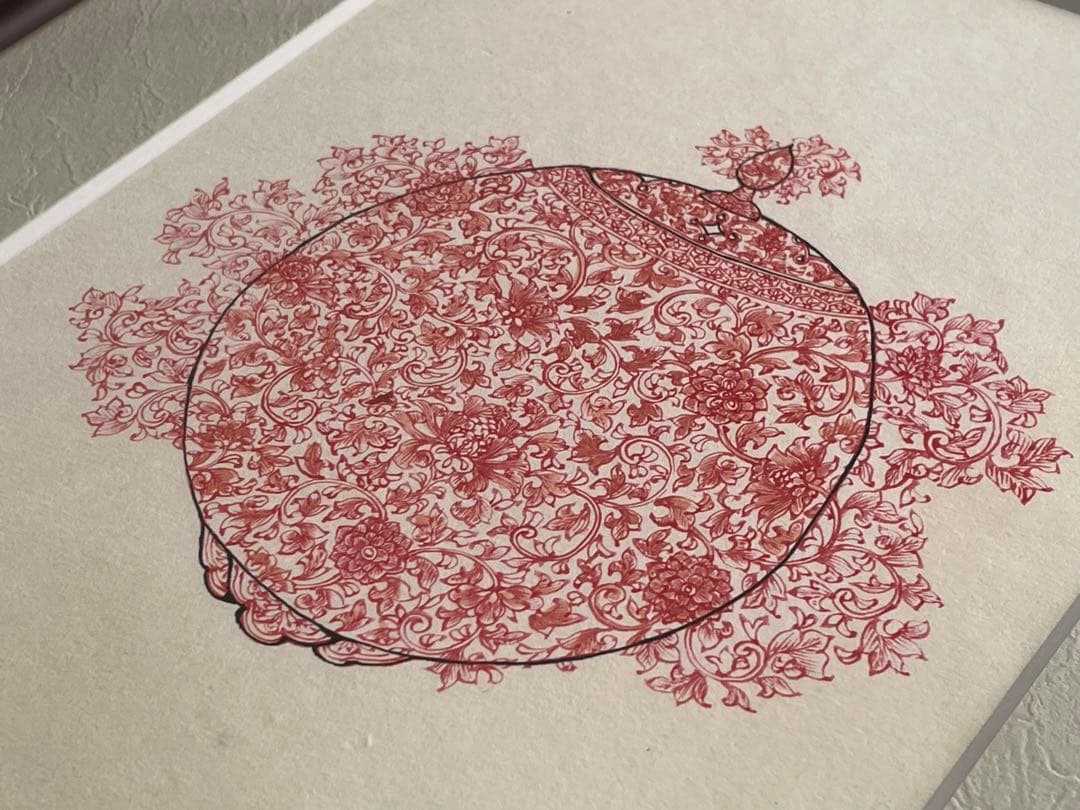陶芸家　葉山有樹　直筆　肉筆　水彩　細密絵　細密画　赤絵　香炉　下絵　図案　額入