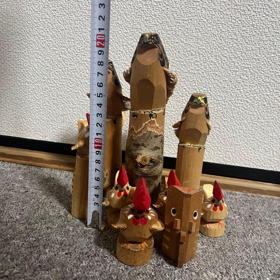 郷土玩具　笹野一刀彫　お鷹ぽっぽ　尾長鶏ポッポ 鷹の彫刻鶏の彫刻　９点セット