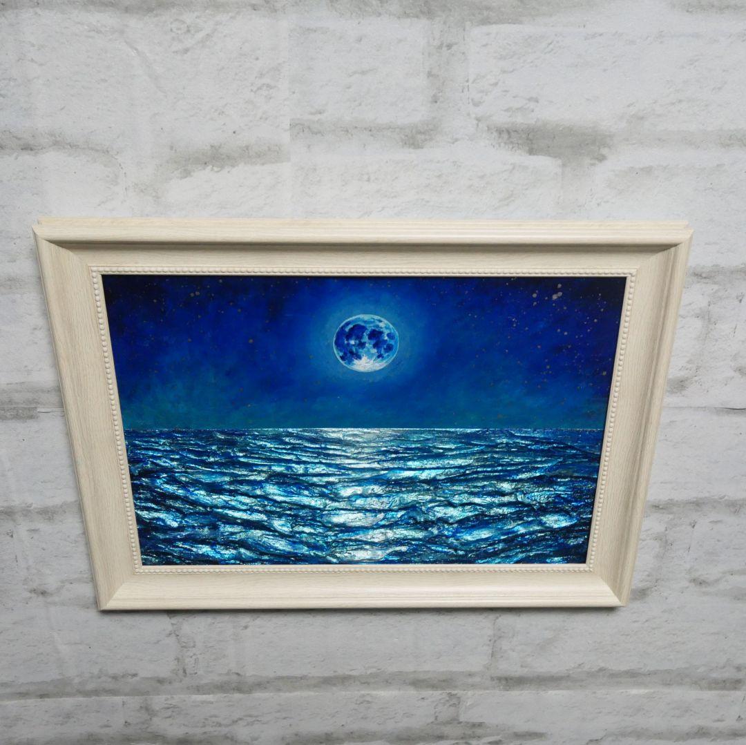 油絵 油彩 油彩画 絵 絵画 【青い満月と輝く海】