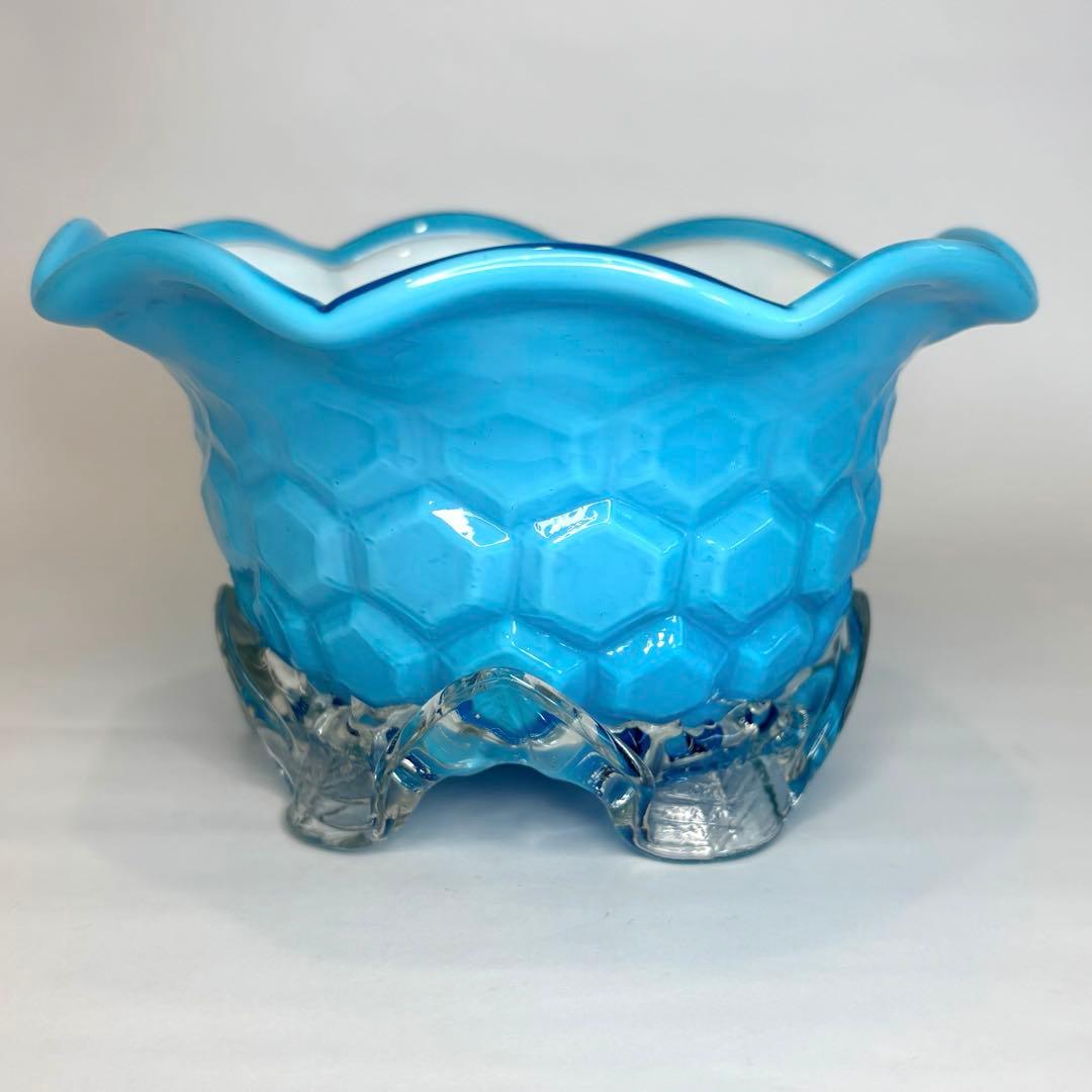 昔ガラス　アンティーク　花縁　フリル　亀甲紋様　ガラス　コンポート　ブルー
