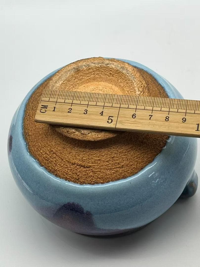 明时代 鈞窯青磁 澱青月白釉紫斑 双糸耳香炉 水丞 【旧家蔵出し】(A-106)