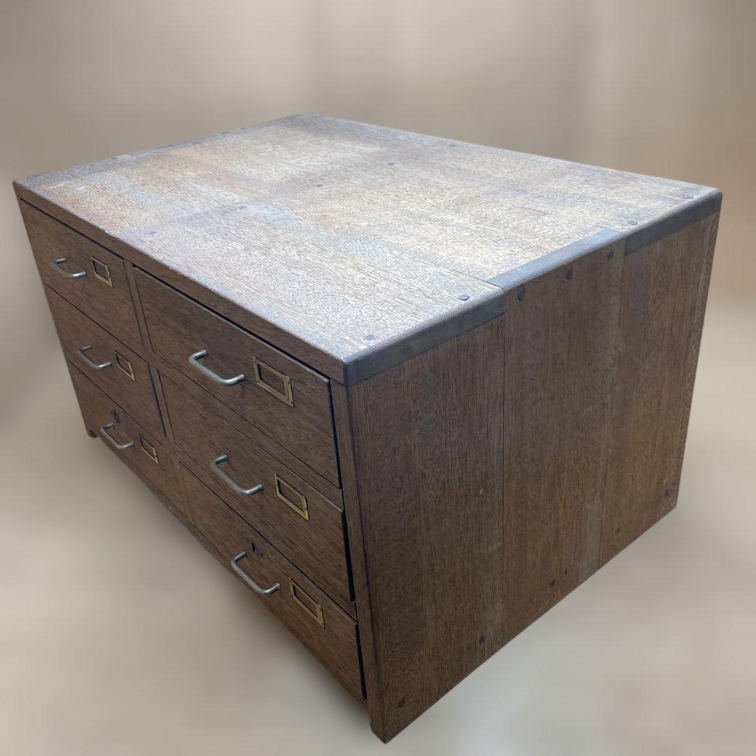 レトロ　木製　金庫タンス　鍵付き　2列3段　引き出しタンス　収納