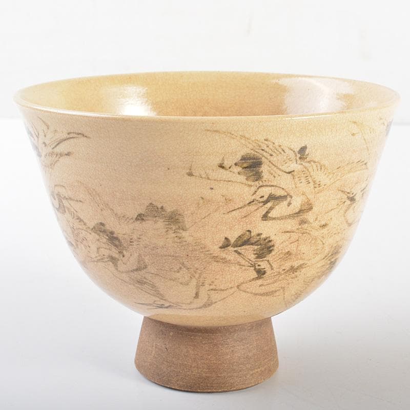茶道具　京焼　野々村仁清造　鶴図　茶碗　表千家十三代即中斎極箱　D　R6792