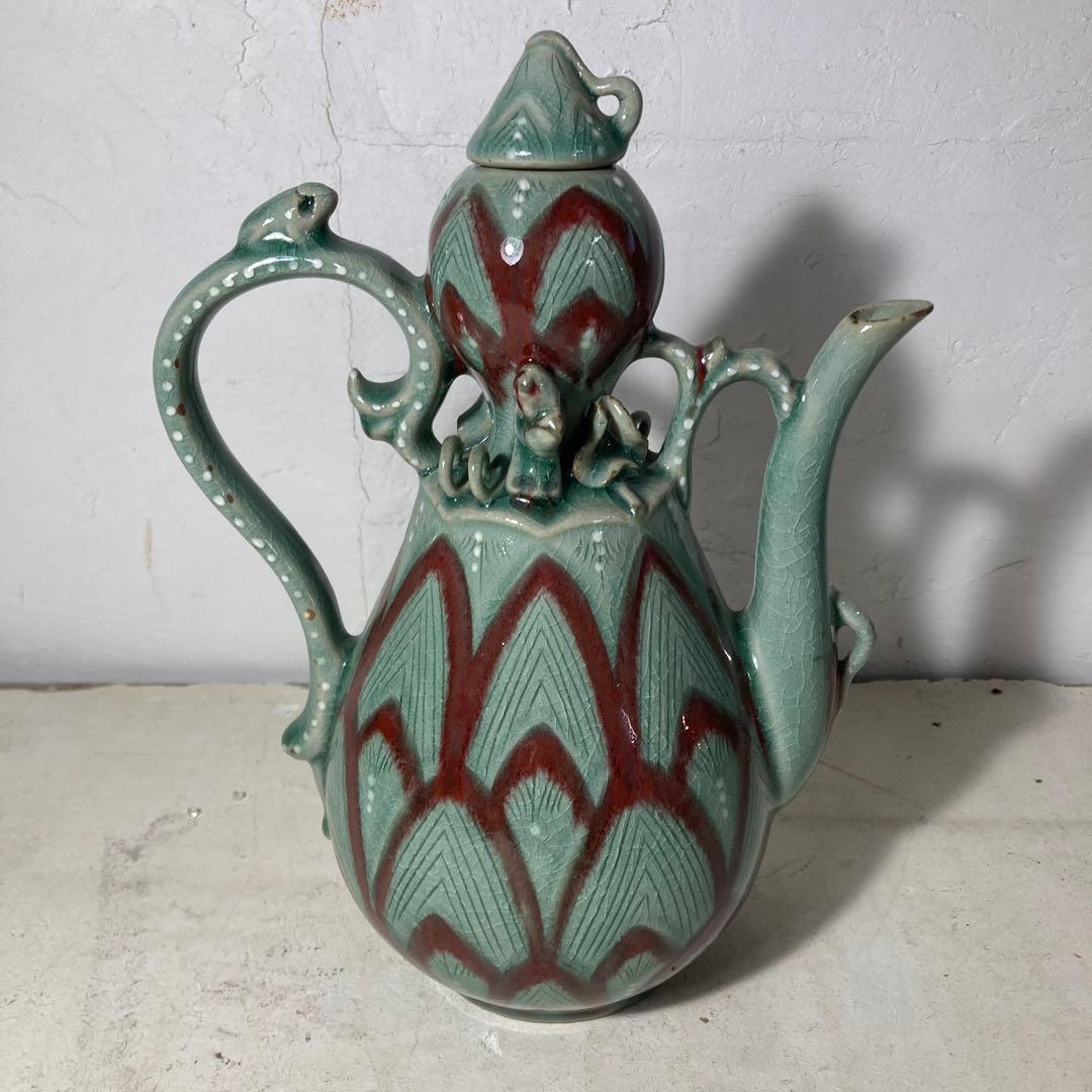 海東李朝 安昌福作 高麗青磁 水注 水差し 蓮の葉 蛙