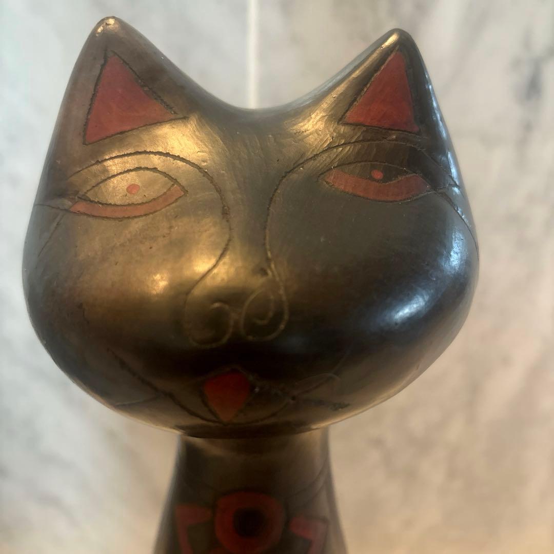 メキシコビンテージ　タトゥーのような美しい幾何学模様の猫陶器オブジェ