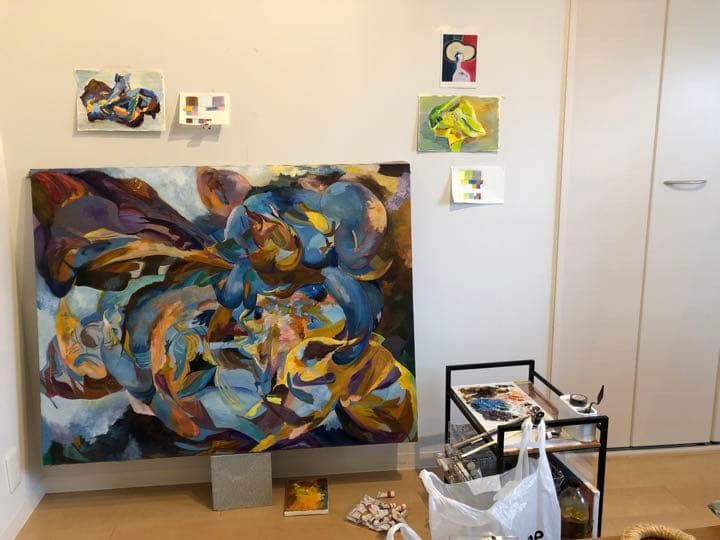 【F50号】うさぎ娘の爆裂うさぎパンチ oil painting 原画 抽象画