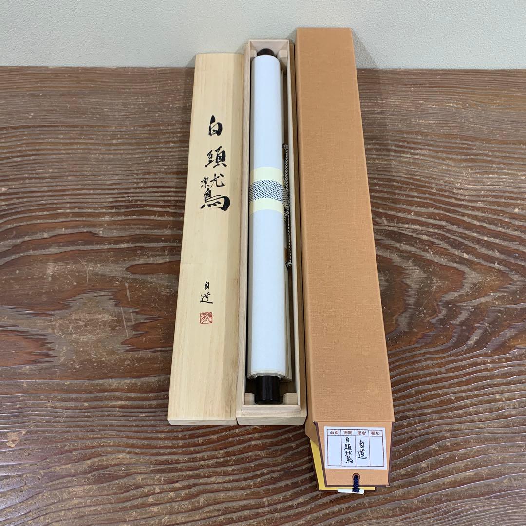 美品 掛け軸 現代水墨画家 絵師白道作「白頭鷲」共箱 墨絵 水墨画