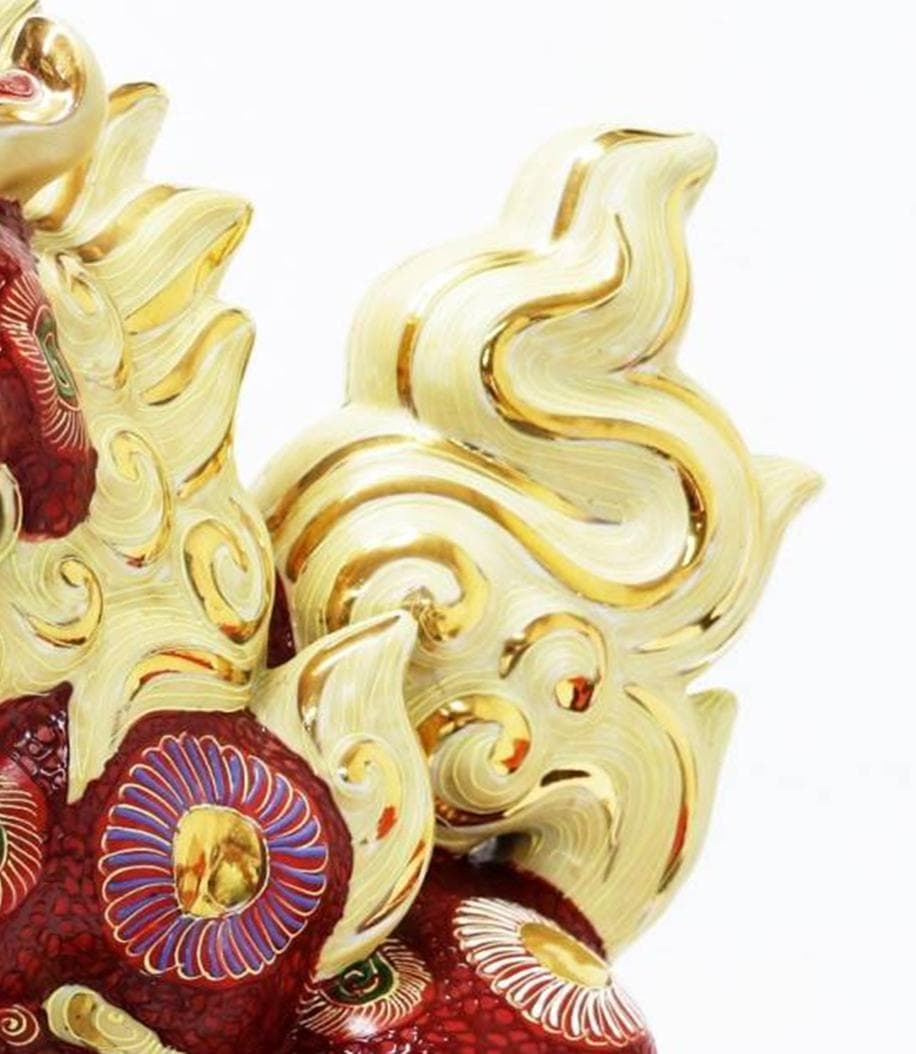 九谷焼 玉乗り獅子 双仙銘 開運 縁起置物 高さ約36cm 良好品 K6s147