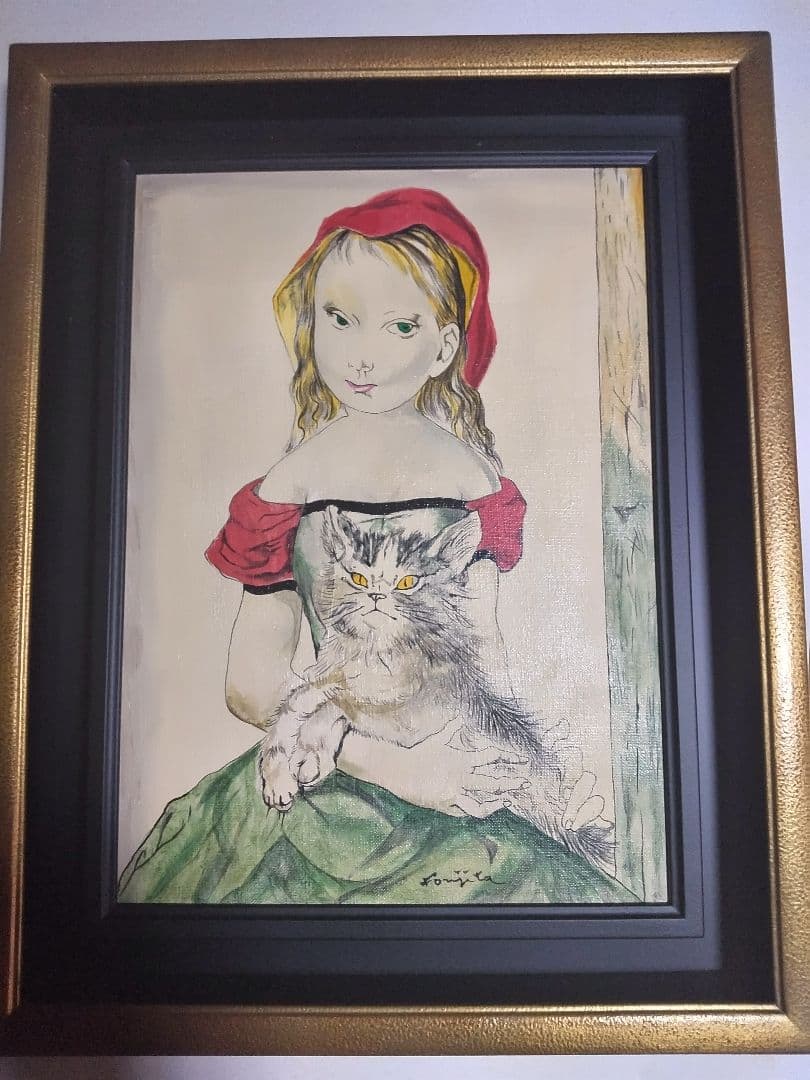 藤田嗣治、絵画、油彩４号、猫を抱く少女、肉筆、新品額縁、鴨居玲、宮永岳彦。
