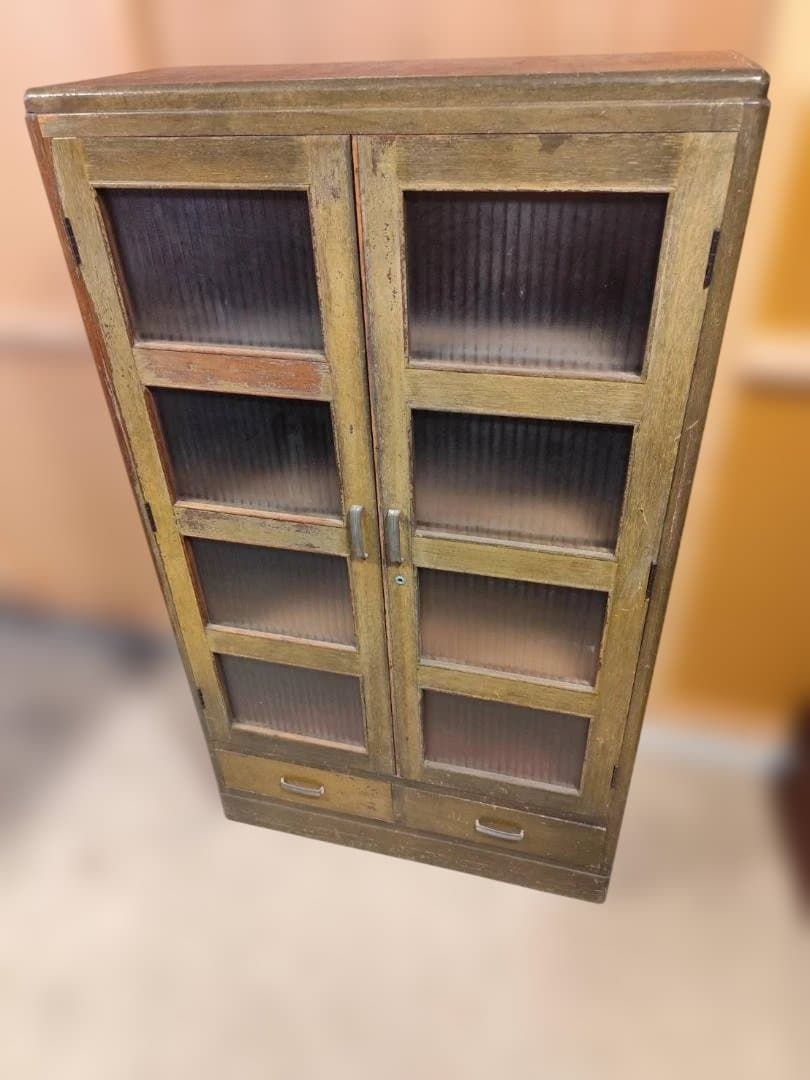 訳あり 昭和レトロ キャビネット モールガラス 収納棚 本棚 修復あり