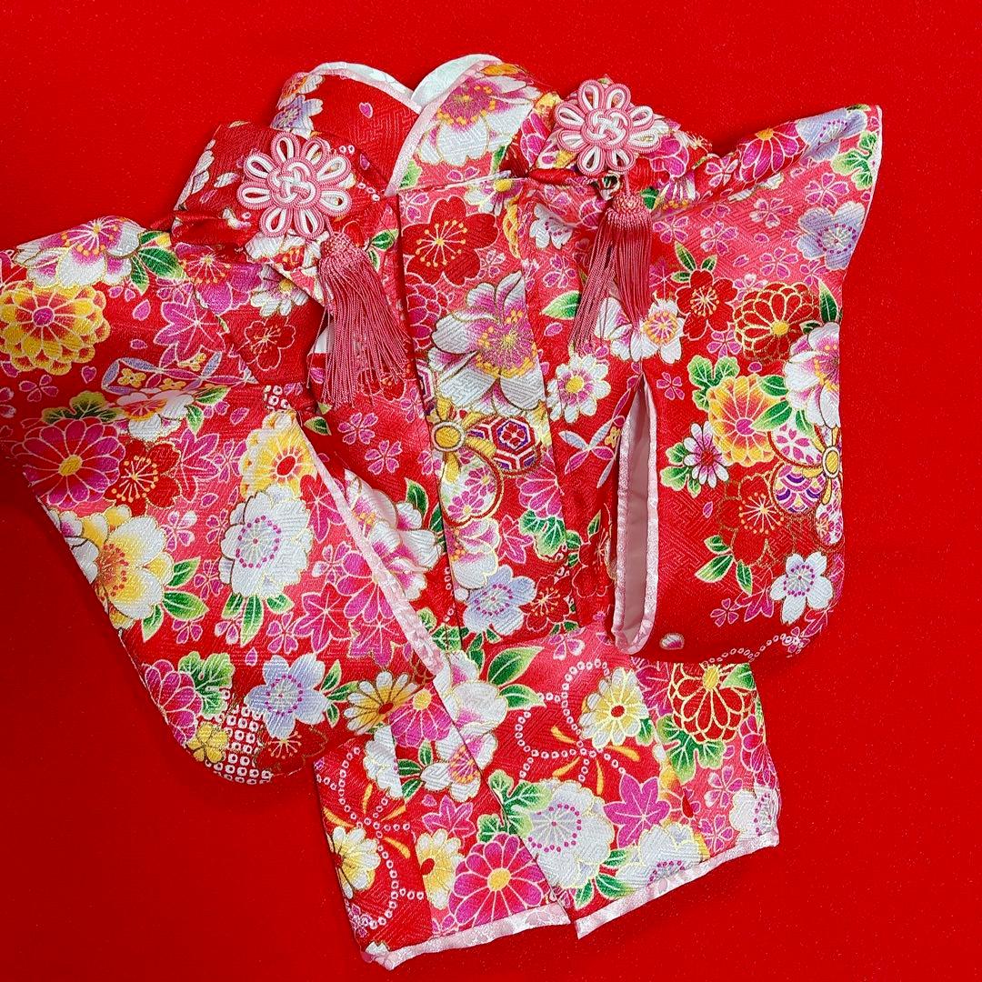 即納✨犬の着物&お被布セット 振袖 M 赤地 化繊金彩入り 七五三 犬服