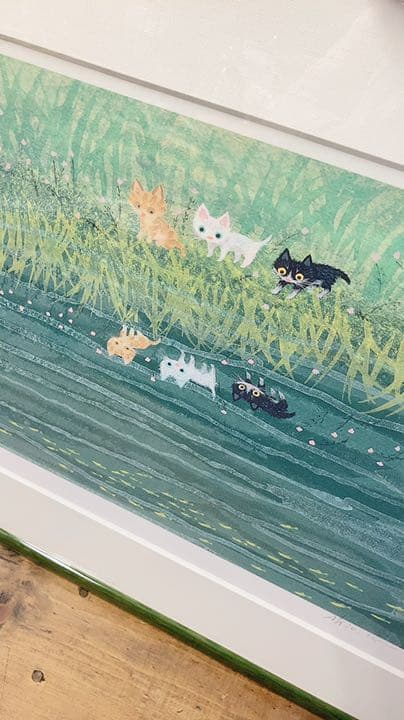 渡辺あきお　版画　3人の思い　3匹の猫　限定500部