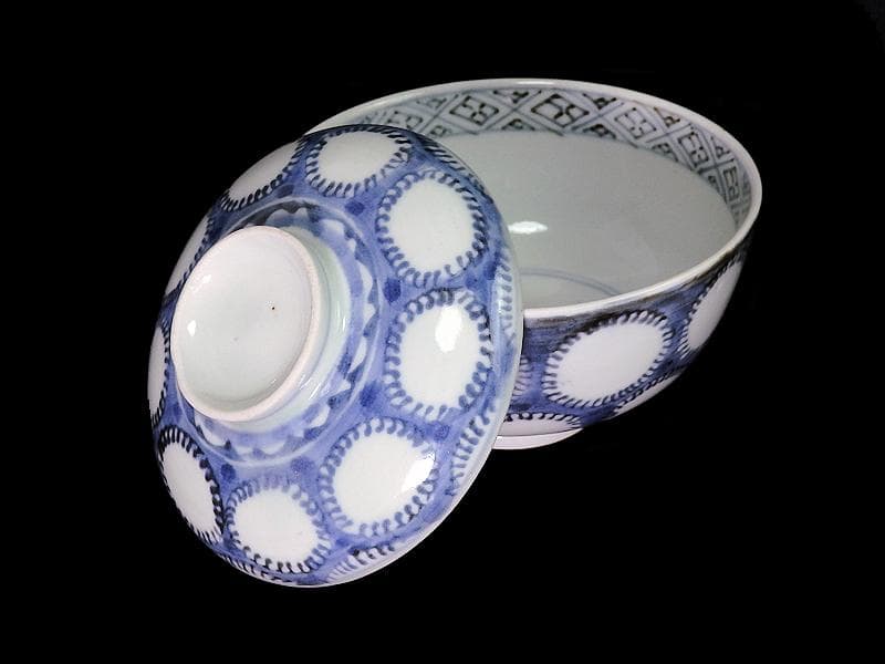 古伊万里　染付　雪輪紋の図　蓋茶碗　E857AS-fbpz