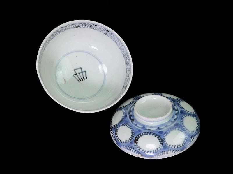 古伊万里　染付　雪輪紋の図　蓋茶碗　E857AS-fbpz